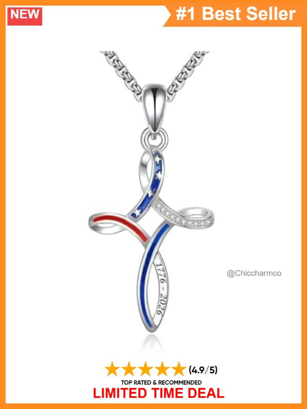 925 Sterling Silver Celtic Cross American Flag Pendant Necklace Patriotic
